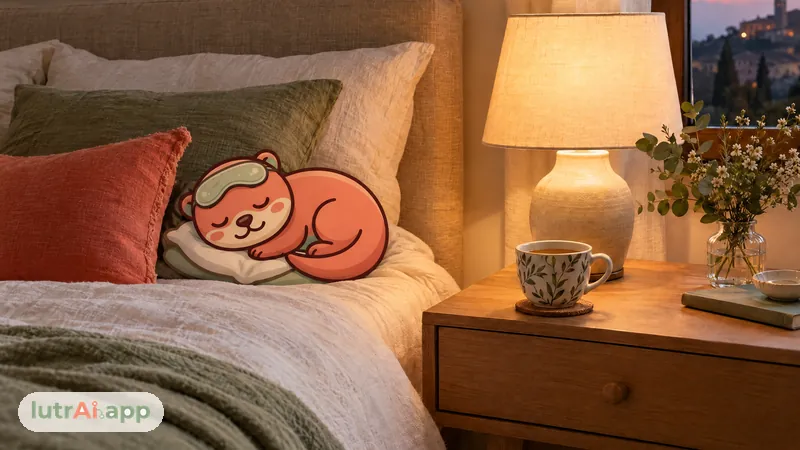 Dormitorio en calma al anochecer con una lámpara encendida e infusión en la mesilla, con Lutra, la nutria de lutrAI, durmiendo con antifaz
