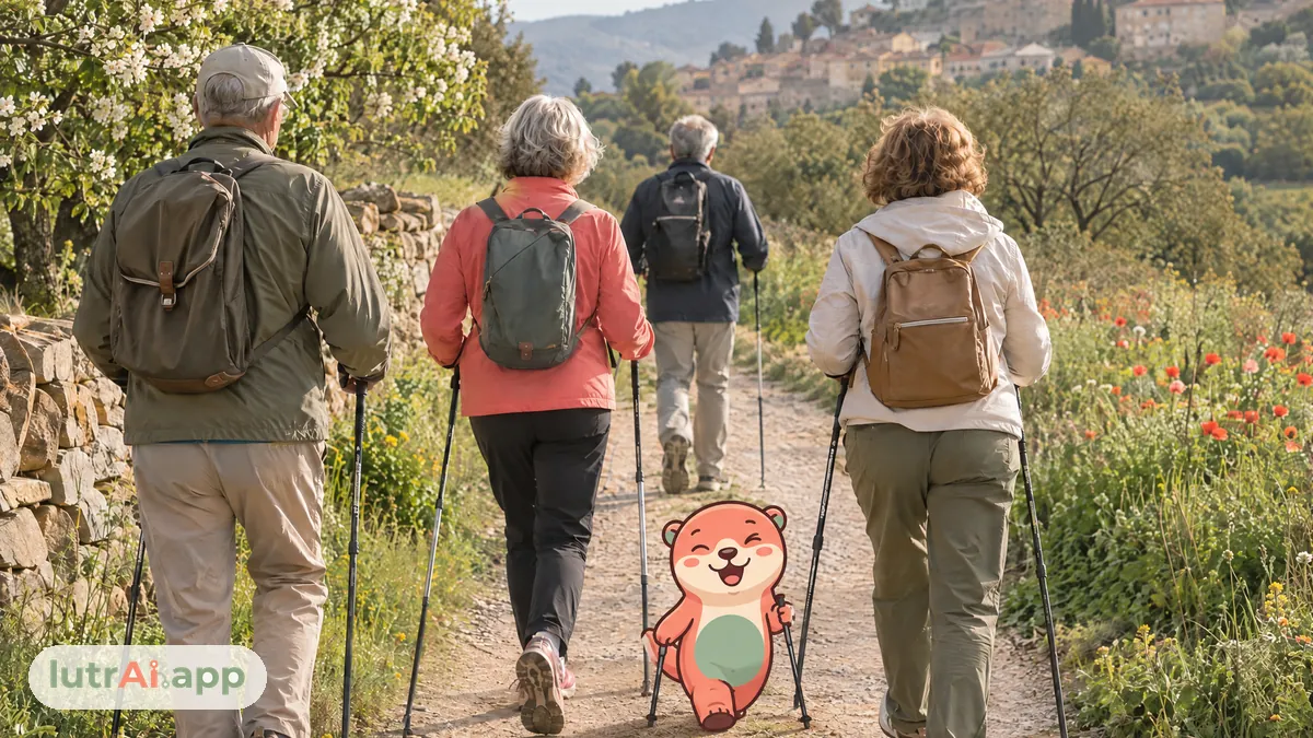 Personas mayores haciendo marcha nórdica por un camino de campo, con Lutra, la nutria de lutrAI, que camina con unos bastones pequeñitos de marcha nórdica