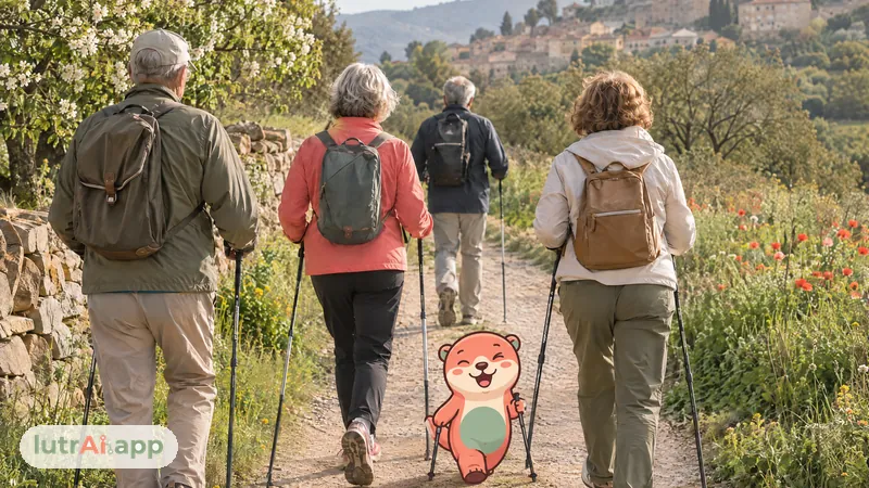 Personas mayores haciendo marcha nórdica por un camino de campo, con Lutra, la nutria de lutrAI, que camina con unos bastones pequeñitos de marcha nórdica