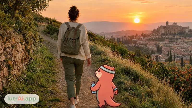 Persona caminando por un sendero que sube una colina al atardecer, con Lutra, la nutria de lutrAI, que sube el sendero con paso firme