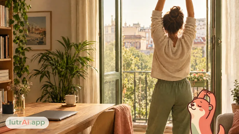 Persona estirándose en una pausa del teletrabajo junto a la ventana, con Lutra, la nutria de lutrAI, que se estira relajada