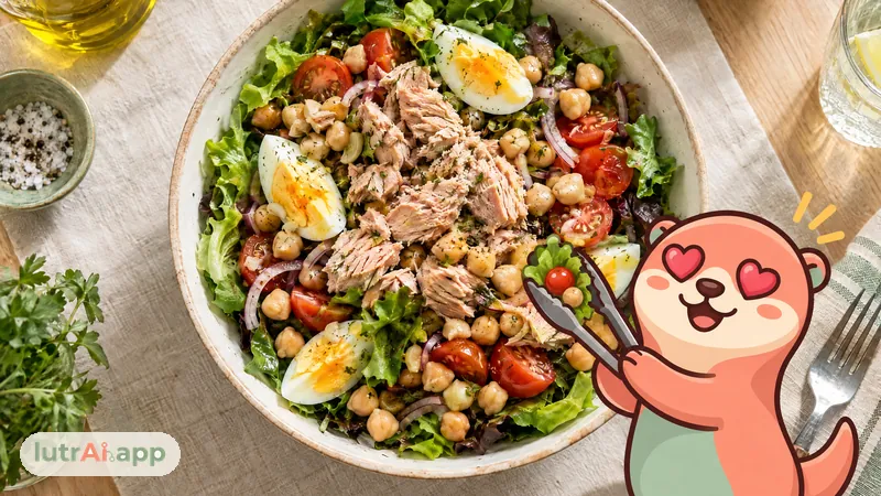 Ensalada completa con garbanzos, atún, huevo y tomate en un bol, con Lutra, la nutria de lutrAI, que levanta unas pinzas de servir ensalada