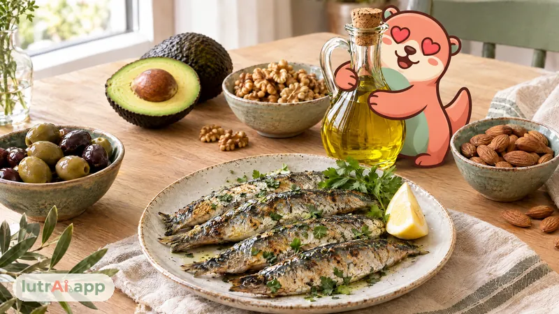Aceite de oliva, aceitunas, aguacate, nueces, almendras y sardinas a la plancha, con Lutra, la nutria de lutrAI, que abraza la aceitera de aceite de oliva