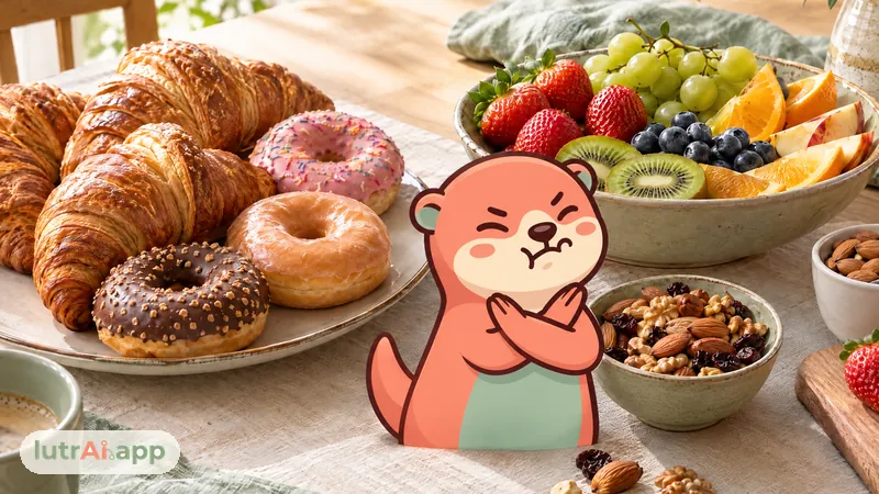 Bollería industrial a un lado y fruta con frutos secos al otro, con Lutra, la nutria de lutrAI, que cruza los brazos delante de la bollería con gesto de «no»