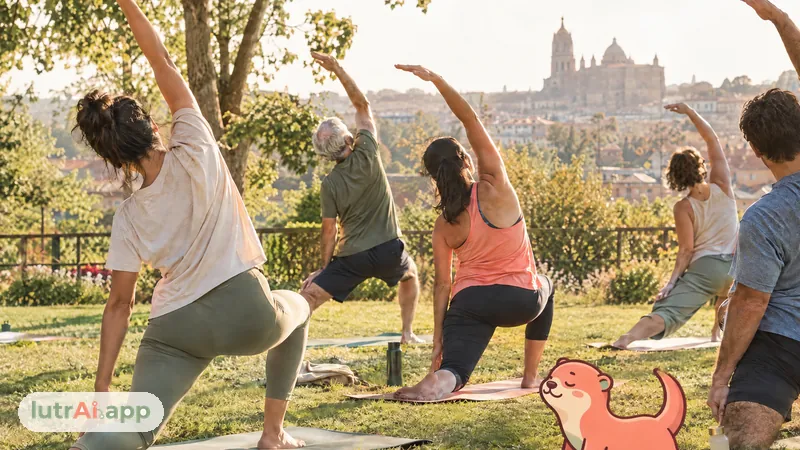 Personas de distintas complexiones en una clase de yoga en un parque, con Lutra, la nutria de lutrAI, que hace una postura de yoga sobre una esterilla pequeñita
