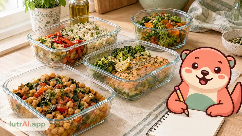 Fiambreras con legumbres, pescado, verduras y arroz preparadas para la semana, con Lutra, la nutria de lutrAI, que escribe en la libreta con un lápiz