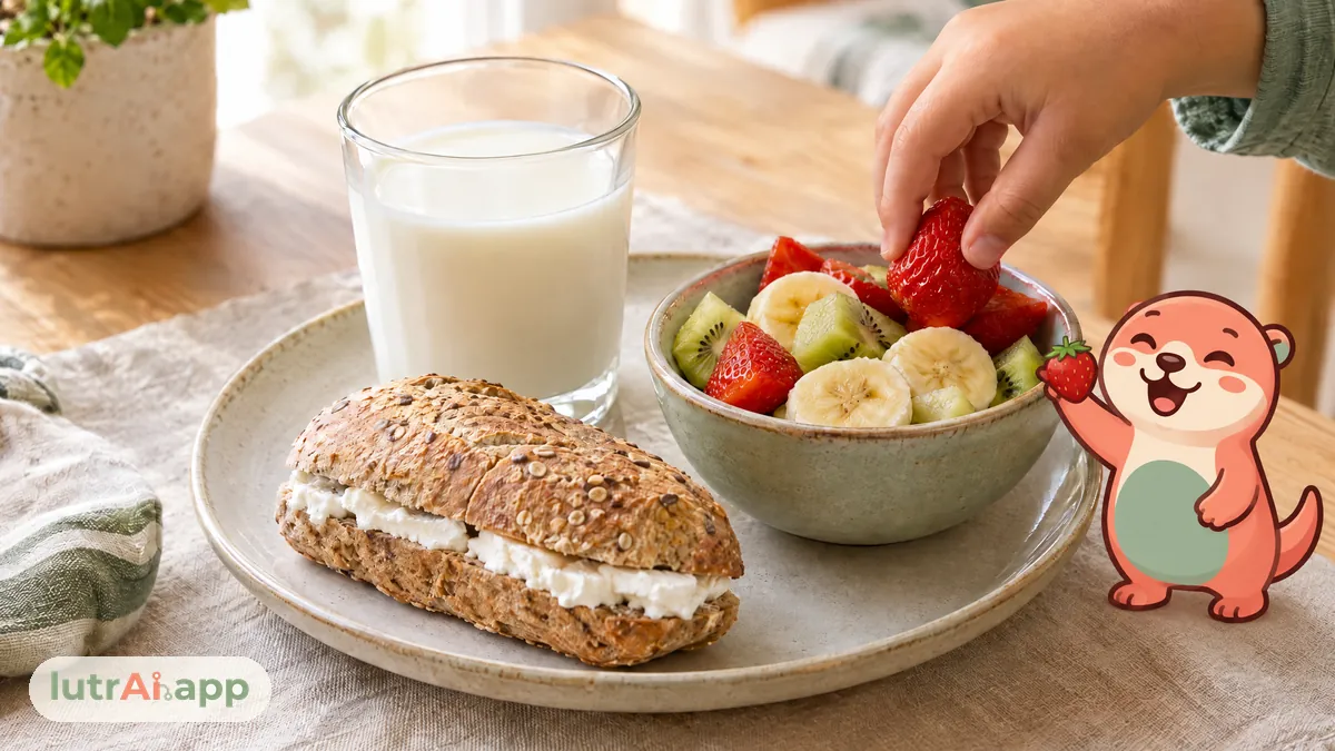 Merienda con bocadillo integral, fruta cortada y vaso de leche, con Lutra, la nutria de lutrAI, que ofrece una fresa a la mano del niño