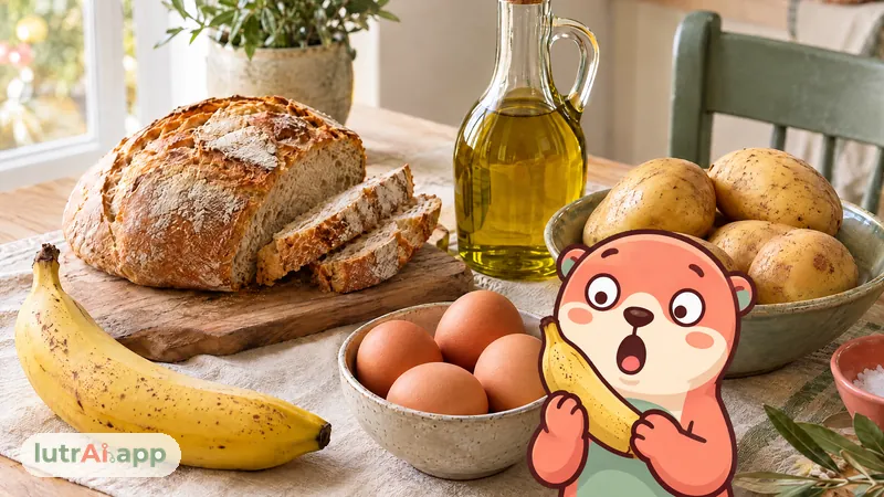 Plátano, pan, huevos, aceite de oliva y patatas en un bodegón luminoso, con Lutra, la nutria de lutrAI, que pone cara de sorpresa sujetando un plátano