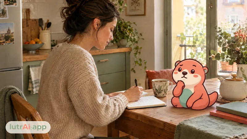 Persona escribiendo en un cuaderno en la mesa de la cocina con una taza de té, con Lutra, la nutria de lutrAI, sentada sobre la mesa