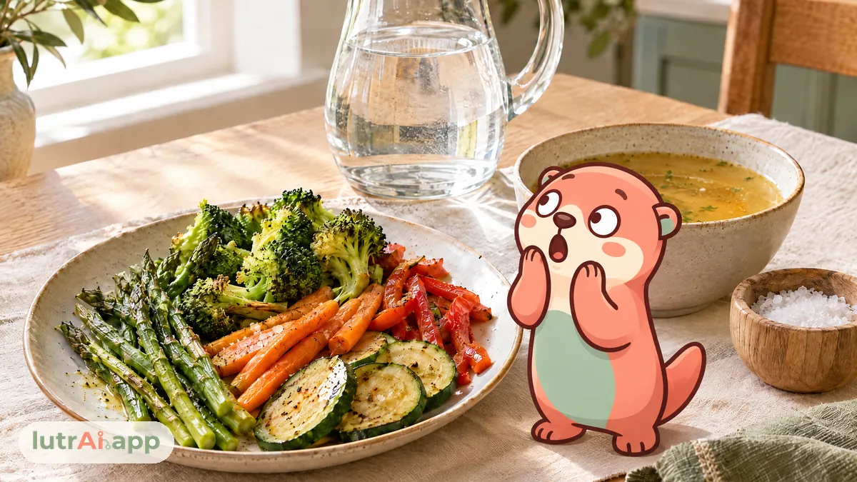 Jarra de agua, cuenco de caldo, verduras y salero en una mesa, con Lutra, la nutria de lutrAI, que mira sorprendida el vaso de agua