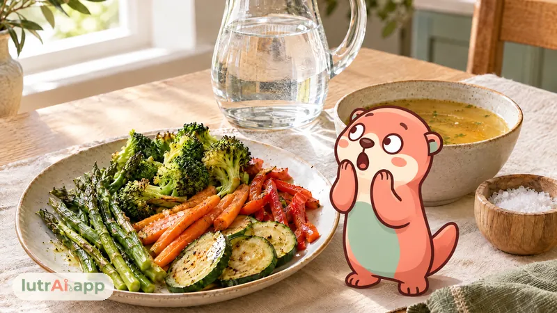 Jarra de agua, cuenco de caldo, verduras y salero en una mesa, con Lutra, la nutria de lutrAI, que mira sorprendida el vaso de agua