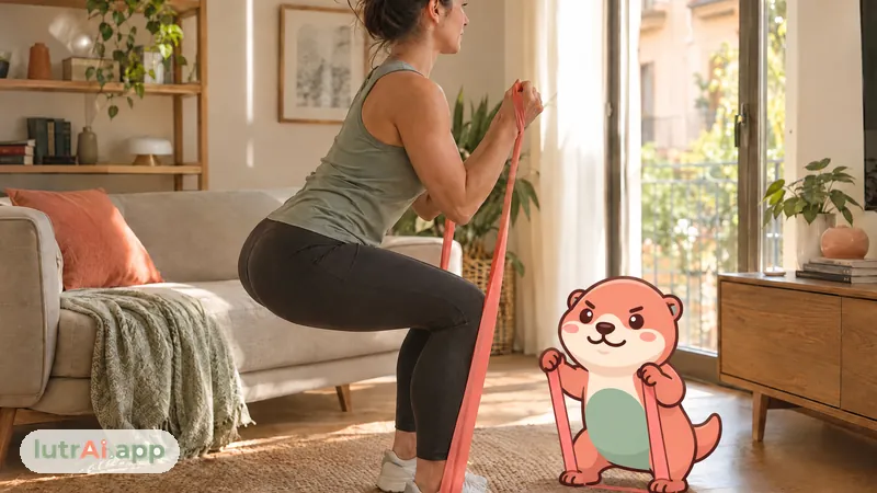 Persona entrenando con una banda elástica en el salón de casa, con Lutra, la nutria de lutrAI, que tira de una banda elástica pequeñita