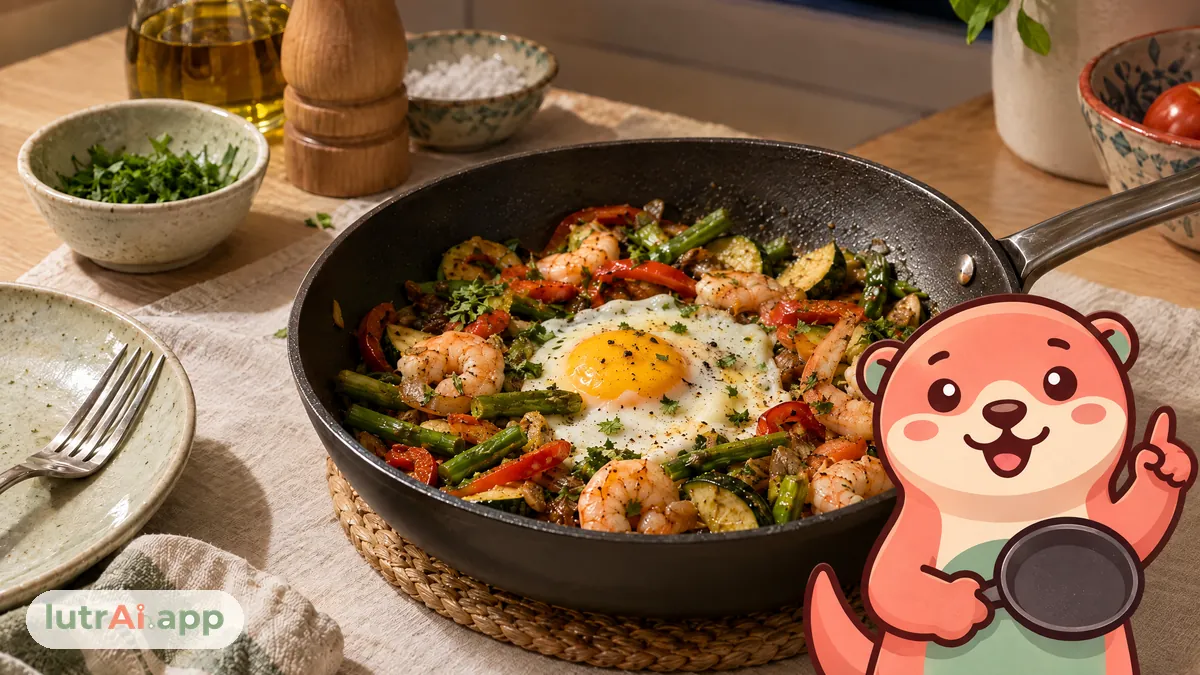 Salteado de verduras con gambas y huevo en una sartén, con Lutra, la nutria de lutrAI, que levanta un dedo con una idea mientras sujeta una sartén pequeña