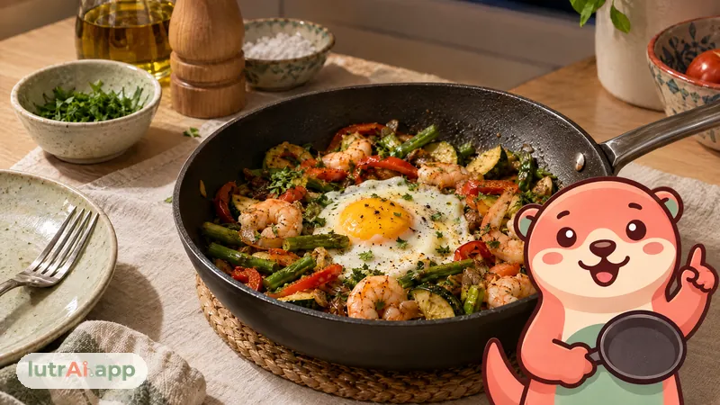 Salteado de verduras con gambas y huevo en una sartén, con Lutra, la nutria de lutrAI, que levanta un dedo con una idea mientras sujeta una sartén pequeña