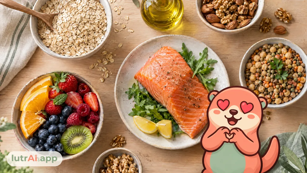 Avena, nueces, aceite de oliva, legumbres, salmón y fruta vistos desde arriba, con Lutra, la nutria de lutrAI, que hace un corazón con las patas sobre los alimentos
