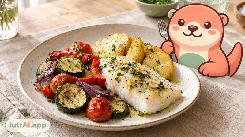 Merluza al horno con verduras asadas y patata en un plato, con Lutra, la nutria de lutrAI, que sujeta un tenedor y sonríe