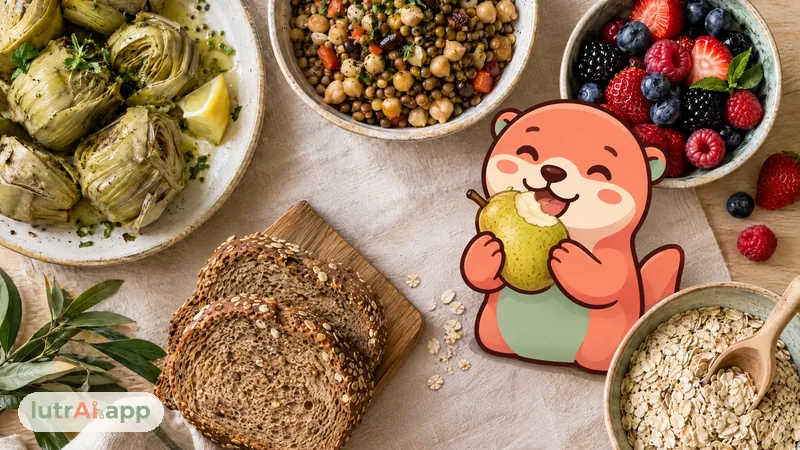 Alcachofas, legumbres, frutos rojos, pera, pan integral y avena vistos desde arriba, con Lutra, la nutria de lutrAI, que muerde una pera