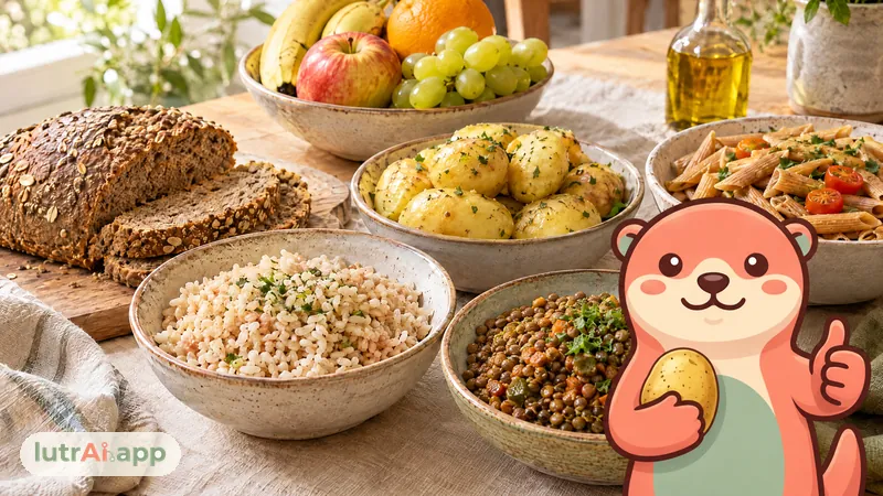 Pan integral, arroz, patatas, fruta, legumbres y pasta sobre una mesa, con Lutra, la nutria de lutrAI, con una patata y el pulgar arriba