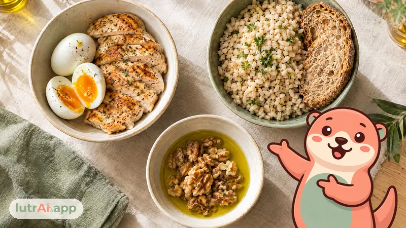 Tres cuencos con proteínas, hidratos y grasas vistos desde arriba, con Lutra, la nutria de lutrAI, que señala los tres cuencos