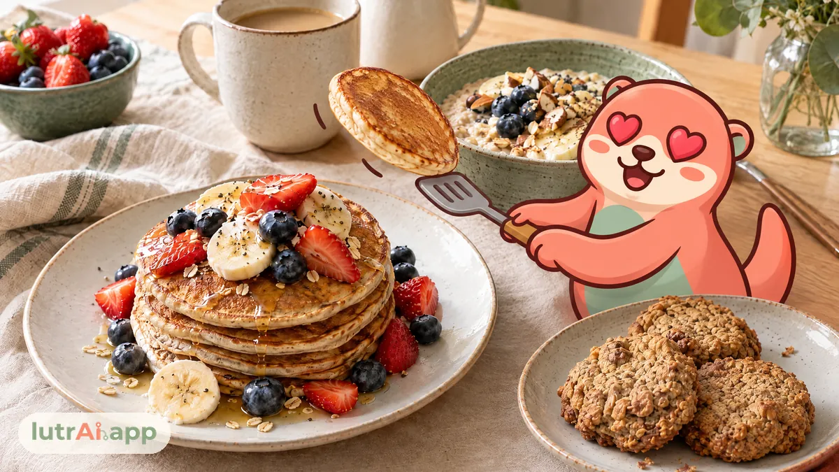 Tortitas de avena con fruta, porridge y galletas caseras de avena, con Lutra, la nutria de lutrAI, que da la vuelta a una tortita con una espátula pequeña