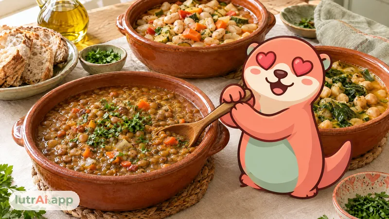 Cazuelas de lentejas, garbanzos con espinacas y alubias con verduras, con Lutra, la nutria de lutrAI, que remueve una cazuela con un cucharón de madera