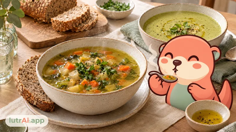 Sopa de verduras y crema de calabacín humeantes con pan integral, con Lutra, la nutria de lutrAI, que sopla una cucharada de sopa humeante