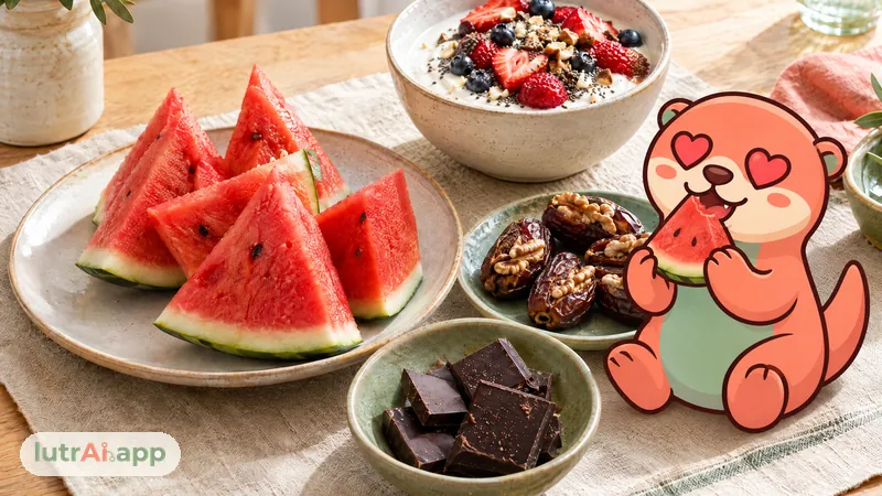 Sandía, yogur con frutos rojos, dátiles con nueces y chocolate negro, con Lutra, la nutria de lutrAI, que muerde un triángulo de sandía