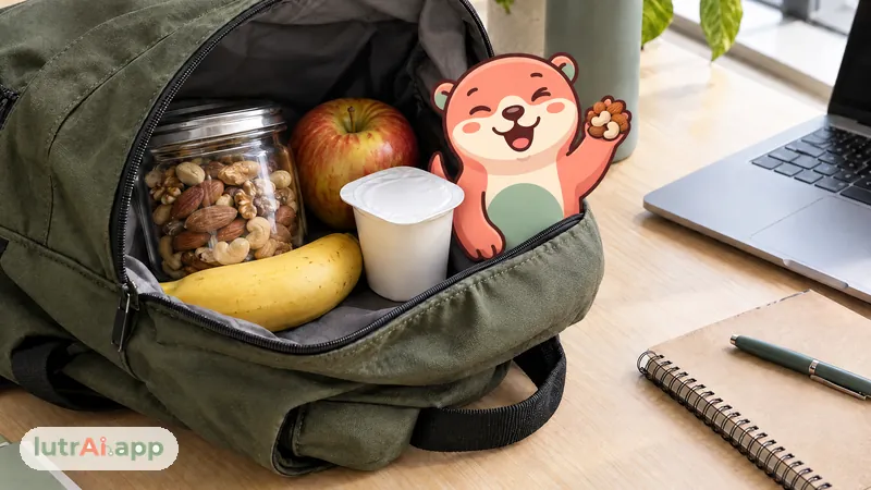 Frutos secos, manzana, plátano y yogur junto a una mochila en un escritorio, con Lutra, la nutria de lutrAI, asomando de la mochila